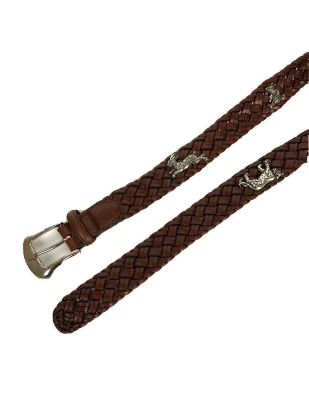 Brighton Ladies Zoo Animal Belt Sz 30 Brown Braided Leather Silvertone Hardware